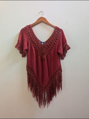 Boho Crochet V-Neck Fringe Tunic Top - Rust